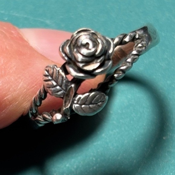 Sterling Silver Rose Flower Ring Twisted Rope Band Vintage - Picture 2 of 5